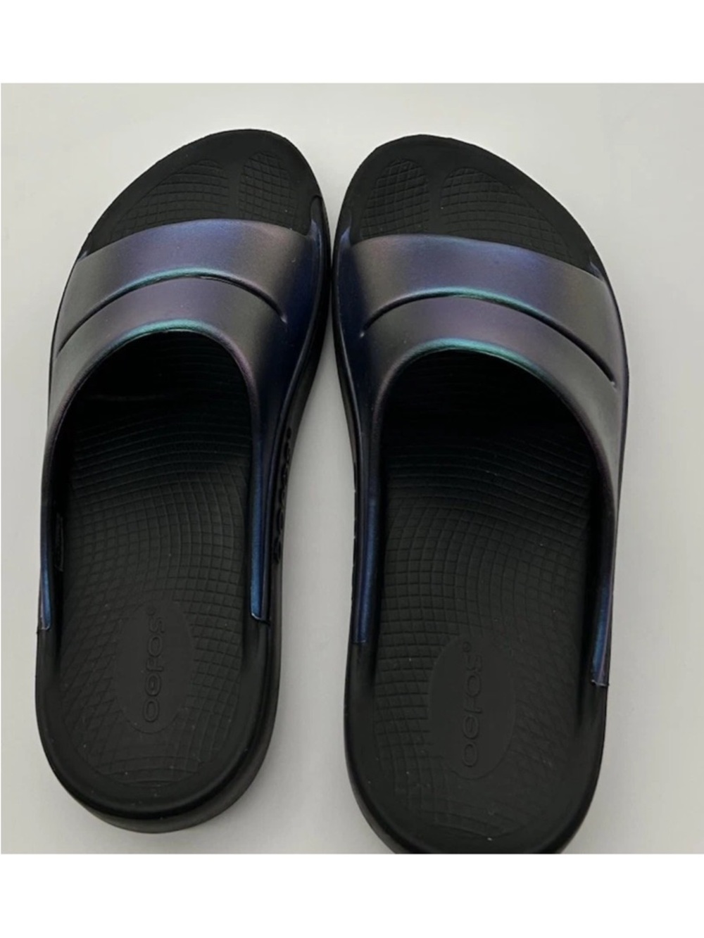 OOFOS Iridescent Slide Sandals in Black with Blue-Green Sheen - Picture 7 of 9